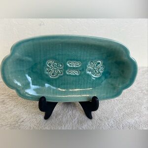 Studio Pottery Art Handmade Sm Tray Trinket Dish (Signed) 9.25”x5” Green Pottery
